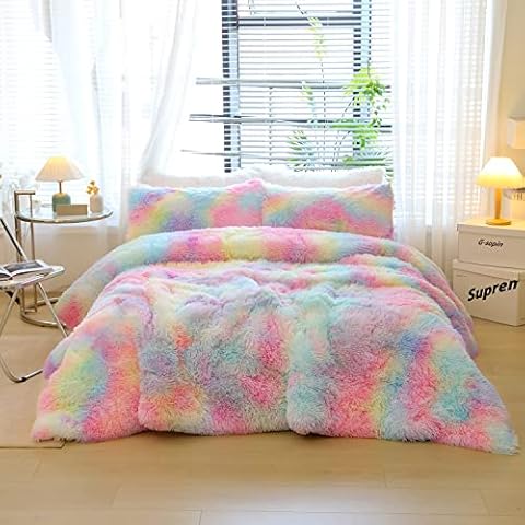 Roscloud Faux Fur Rainbow Colorful Comforter Sets Twin/Full - 3PC Bed Set Ultra Warm Soft Skin Friendly Rabbit Plush Flannel Velvet Fluffy Fuzzy Bedding（Comforter x 1 Pillowcases x 2） Cover