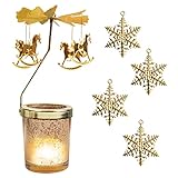 BigOtters Gold Spinning Candle Holder, Christmas Rotating Tea Light Holder with Snowflake Ornaments, Metal & Glass Tealight Candle Decor for Holiday Table Centerpieces, Wedding Party Home Decor Gift