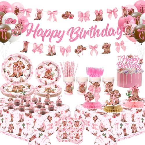 Cowgirl Party Decoration, Pink Bow Cowgirl Birthday Decorations, Plates Cups Napkins 2PCS Tablecloth Happy Birthday Backdrop Balloon Cake Toppers for Coquette Boots Bows Western Cowgirl Party Supplies