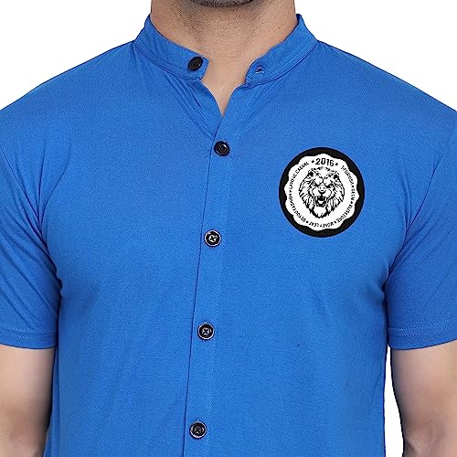Image of Geum Men's Mandarin Collar Shirt with Graphic Print| Short Sleeve Cotton Blend Slim Fit Casual Shirt for Men