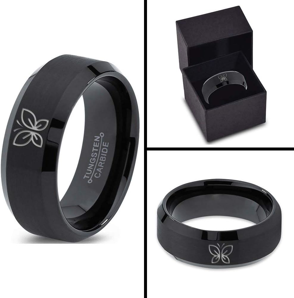 Butterfly Flying Insect Flower Ring - Tungsten Band 8mm - Men - Women - 18k Rose Gold Step Bevel Edge - Yellow - Grey - Blue - Black - Brushed - Polished - Wedding - Gift Dome Flat Cut