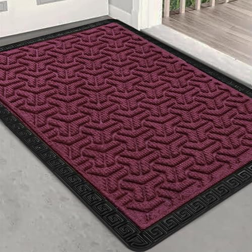 Image of Yellow Weaves Large Size (60x90 cm) Door Mat for Home Entrance, Outdoor Rubber Mat - Non-Slip, Anti Skid Foot Mat, Dirt Trapper, Heavy-Duty, Waterproof Doormat (Triangle Design, Wine Color)