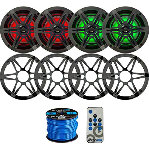 2 Pairs (Qty 4) Of Enrock Marine 6.5" 120W Waterproof 2-Way Coaxial Speakers With Multicolor Led Lighting - Bundle Combo With Chrome/Charcoal Grilles, Led Remote Control, 50Ft 16-Gauge Speaker Wire #TOP23