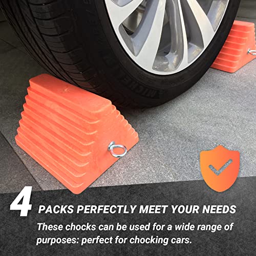 Image of HOXWELL Premium 4 pcs Heavy Duty Wheel Tire Chocks, Vehicle Chocks with Eyebolt for Travel Trailers, Camper, Truck, Car and ATV 4 Pack, Orange