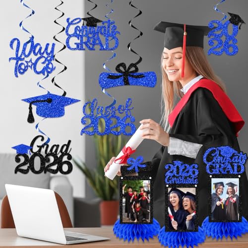 Image of Graduation Decorations 2026 - Blue Congrats Grad Party Supplies Include Glitter We are So Proud of You Banner, Hanging Swirls and Honeycomb Centerpieces for Photo Toppers