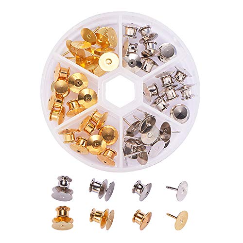 BENECREAT 60 Count Gold & Platinum Colors Clutch Pin Backs with Tie Tacks Blank Pins Kit, Locking Bulk Metal Pin Keepers Locking Clasp With Storage Case