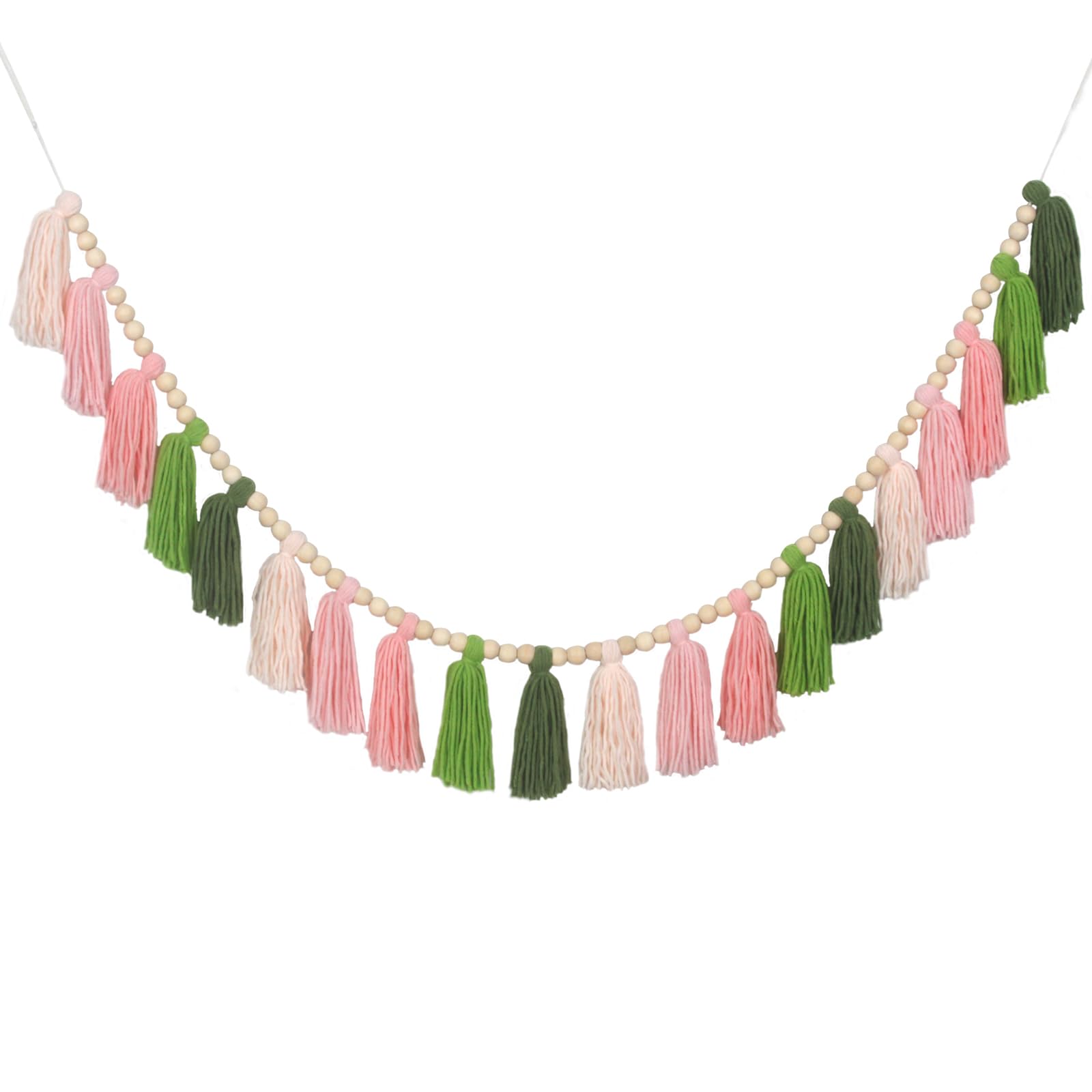 Tasruwat Pink Green Yarn Wood Bead Tassel Garland Wall Hanging Decor Bunting Banner Tassels for Nursery Classroom Baby Shower Birthday Party Kids Room