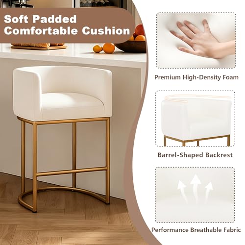 Image of 26 inch Counter Height Bar Stools Set of 1, Faux Leather Upholstered Barrel Chairs with Back and Arms, Metal Frame Kitchen Island Stools with Footrest, Cream-Gold Frame