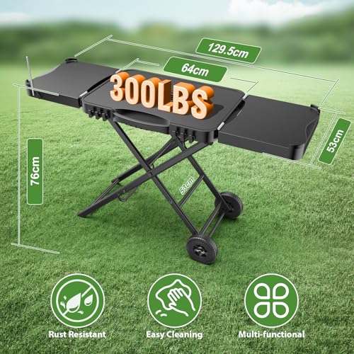 Tragbarer Grillwagen für Ninja Woodfire, Weber, Blackstone, Nexgrill, Traeger und den meisten tragbaren Grills und Pizzaöfen, Outdoor Grillwagen mit Rädern, Seitentischen und Papierhandtuchhalter