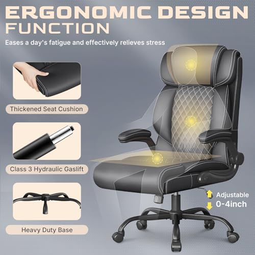 Image of Office Chair-Executive High Back Breathable Big and Tall Office Chair Flip-up Armrests Lumbar Support-Ergonomic Leather Rolling Swivel Chair with Rock Function for Working Studying Gaming,4 Pack