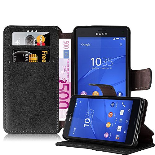 Cadorabo Funda para Sony Xperia Z3 Compact Funda de Cuero Sintético Retro en Negro Apagado – Cubierta Protectora Estilo Libro con Cierre Magnético, Tarjetero y Función de Suporte – Etui Case Cover