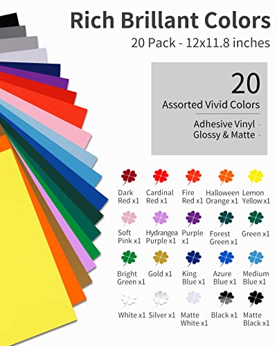 Image of Permanent Vinyl - 20Pack Adhesive Vinyl Sheets Assorted Colors, Permanent Vinyl Bundle for Cricut Machine, 12 inch x 11.8 inch Waterproof Outdoor Vinyl Perfect for Home Decor Car Decal Sticker