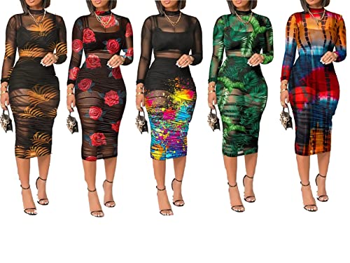 Women Sexy See Through Sheer Mesh Bodycon Midi Dress Long Sleeve Skirt 3 Piece Outfits Set Floral Print Cover Up4