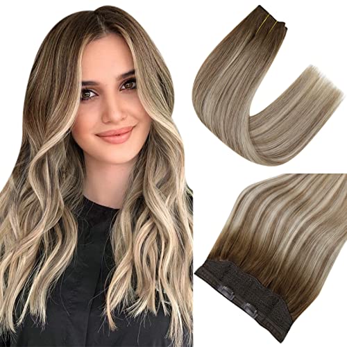 Easyouth Wire Hair Extensions Human Hair, Fish Line Hair Extensions Balayage Dark Brown Fading to Ash Brown Highlighted Medium Blonde Layered Wire Human Hair Extensions Healthy 12inch 70g