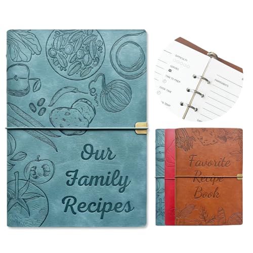 Image of leeveel Blank Recipe Book to Write in Your Own Recipes, 5.6 X 8.2 Recipe Ring Binder with PU Leather Cover, Recipe Journal with 160 Recipes (sky blue)