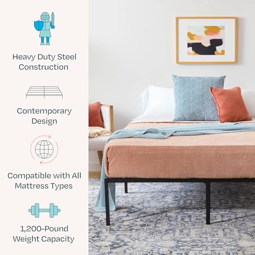 Linenspa Heavy Duty Metal Platform Bed Frame - No Box Spring Needed - Underbed Storage - Simple Tool Free Assembly - 14” High - Sturdy - Steel Slats - Sleek Modern Design - Queen Size
