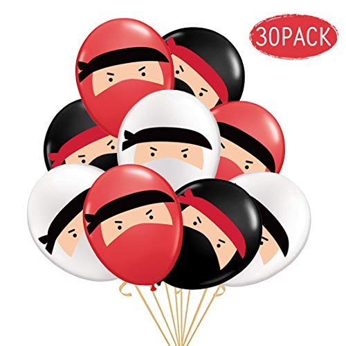 Kreatwow 30 Ballons de Ninja, Ballons en Baudruche Rouge Noir Blanc Imprimé Dessin de Samouraï pour Anniversair, Fête à Thème de Katana, Bushido, Judo