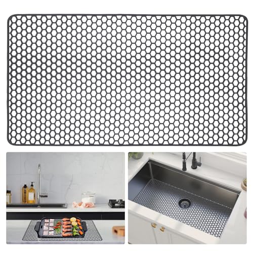 Myirxcv Sink Protectors for Kitchen Sink - 28.62' x 15.98' Silicone Mat - Can DIY Drain Holes - Non-slip Heat Resistant Liner for Bottom of Farmhouse Porcelain Stainless Steel（Grey）