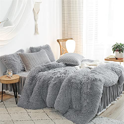Haihua Luxury Plush Shaggy Flannel Velvet (1 Faux Fur Duvet Cover + 2 Pillowcases) Fluffy Comforter Bedding Sets 3 Pieces ,Zipper Closure (Gray, Queen) #TOP3