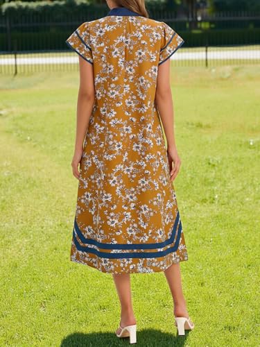 Image of Wenrine Womens Summer Floral Maxi Dress Casual Short Cap Sleeve V Neck Color Block Side Slit Loose Boho Beach Dresses
