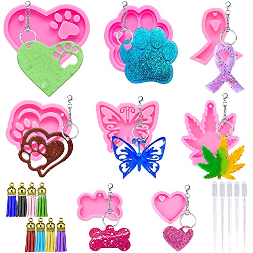 Silikonformen Epoxidharz Schlüsselanhänger Formen Silikonformen Hundepfote 8 Stück epoxidharz formen Mit Schlüsselanhänger für DIY Schlüsselanhänger Kragenanhänger DIY Set for Resin Art Cover