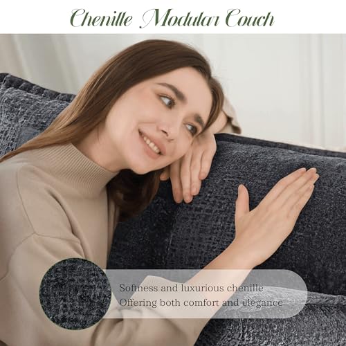 Image of Comfy Chenille Cloud Couch, Modular Sectional Sofa with Movable Ottoman, Deep Seat Couches for Living Room, Bedroom and Apartment, 106 inch L Shaped Modern Sofa with Pillows, Black