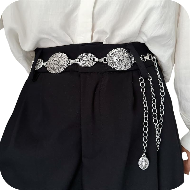 SIQITECHNO Western Oval Concho Chain Waist Belt Metal Cowgirl Chain Pirate Belt for Women Dresses Jean Country Concert Outfit