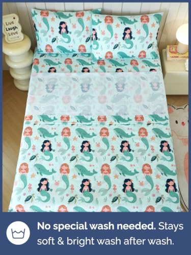 Image of Kids Queen Size Mermaid Bed Sheets - 4 Piece Kids Mermaid Sheet Set - Ocean Sea Bedding - Ultra-Soft, Cute & Cozy - Breathable & Machine Washable - Underwater Bed Set for Boys, Girls, Teens & Toddlers