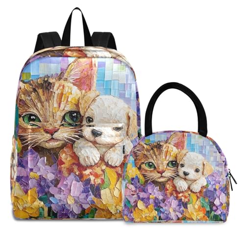 Cat and Dog Print Backpack Set with Lunch Bag, Large Capacity Travel Backpacks and Lunch Box Insulated for Commute Hiking Picnic