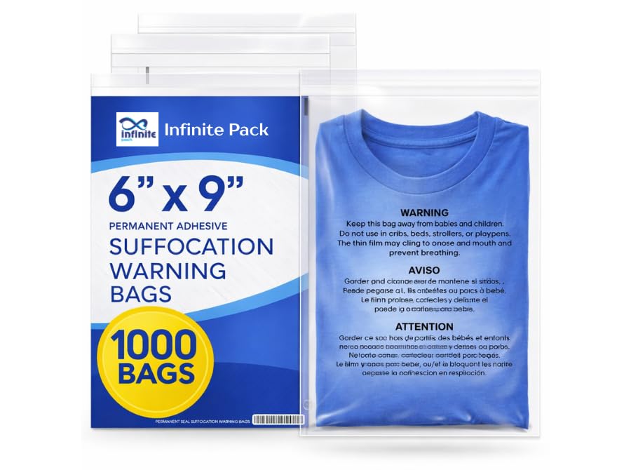 Infinite Pack 6" X 9" 1000 CT Self Seal Clear Poly Bags with Suffocation Warning for Packaging, Shipping Permanent Adhesive