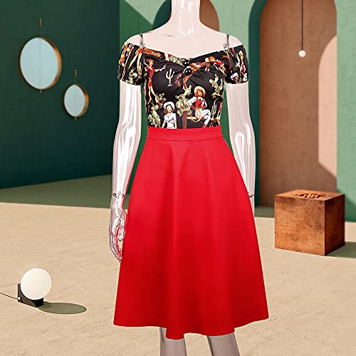 Image of YARN & INK Women's Rockabilly Tops 1950s Pinup Shirt Casual Off Shoulder Vintage Blouse