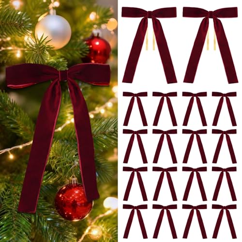 Hekocap 18 Pcs Burgundy Velvet Bows for Christmas Tree – Burgundy Velvet Christmas Tree Bows, Holiday Decorations for Garland Wreath Bow (5 * 7", 1" Wide)