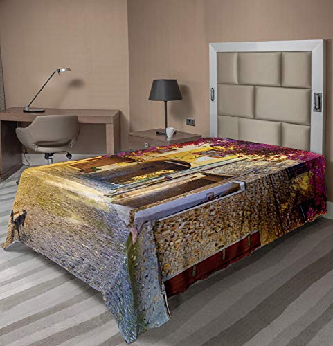 Ambesonne European Flat Sheet, Floral Medieval Tuscan Alley at Afternoon Street Cat Historical Houses, Soft Comfortable Top Sheet Decorative Bedding 1 Piece, Twin Size, Fuchsia and Yellow
