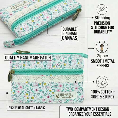 Image of Women Small Zipper Coin Purse, Handmade Fabric Flower Embroidered Change Pouch, Cotton Double Zipper Wallet
