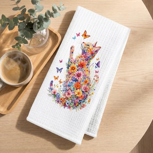 Image of 2 Pcs Flower Cat Kitchen Towels, Floral Cat Hand Towel for Bathroom Decor, Kitten Dish Tea Towel for Kitchen Home Bathroom Decor, Pet Gifts for Kitten Lovers Women Girls, 24x14 Inch