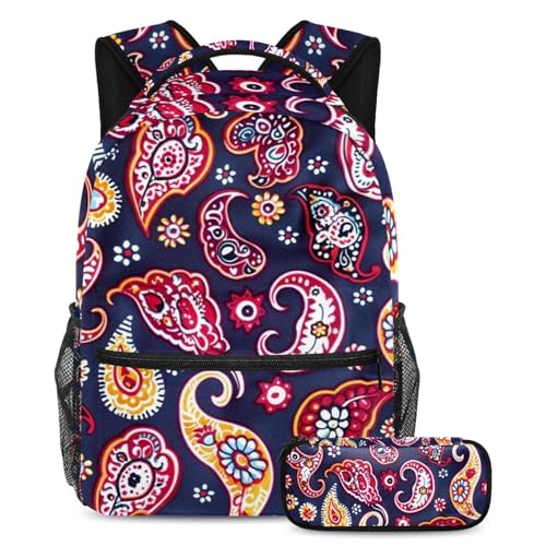 Cartable motif cachemire foncé avec trousse assortie pour élève