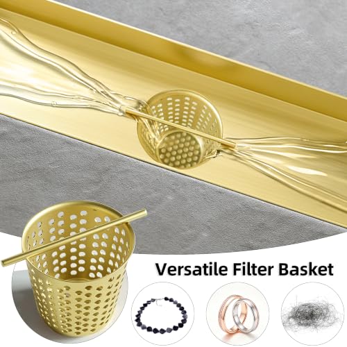 Exakey Linear Shower Drain 24 inch, Rectangular Shower Floor Drain with Reversible Tile Insert Grate Hair Filter Basket Adjustable Feet SUS 304 Stainless Steel Long Shower Drain Brushed Gold by Exakey - Used condition - Image 5