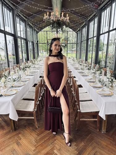 Strapless Bridesmaid Dresses for Women with Scarf Chiffon Halter Pleated A-Line Long Prom Dresses 2025 with Slit ZO0264