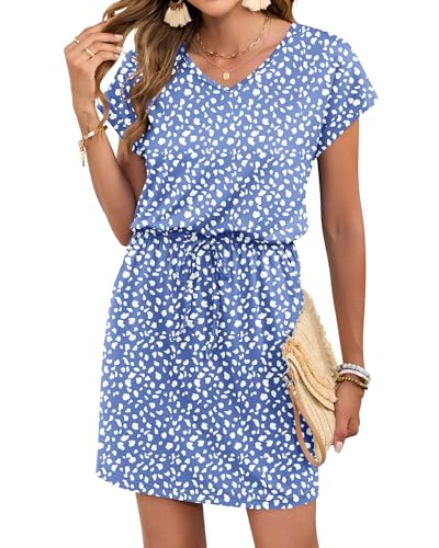 Image of AUSELILY Womens Summer Mini Dress, Short Sleeve V Neck Drawstring Casual | Tshirt dress with drawstring waist and pockets. Ideal sundress for daily outing, beach and vacation