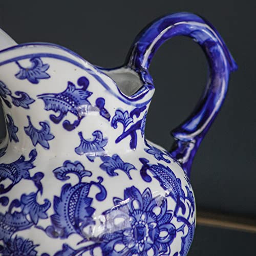 A&B Home Ceramic Pitcher With Handle-Coffee Milk Creamer Pitcher For Kitchen, Flower Pattern Blue & White Porcelain Jar, 9" X 6" X 8" #TOP4