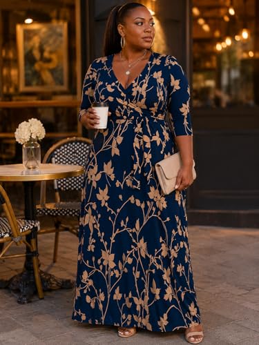 Image of Women's V Neck Floral Maxi Dress 3 /4 Sleeve Plus Size Boho Wrap Flowy Long Dresses with Belt