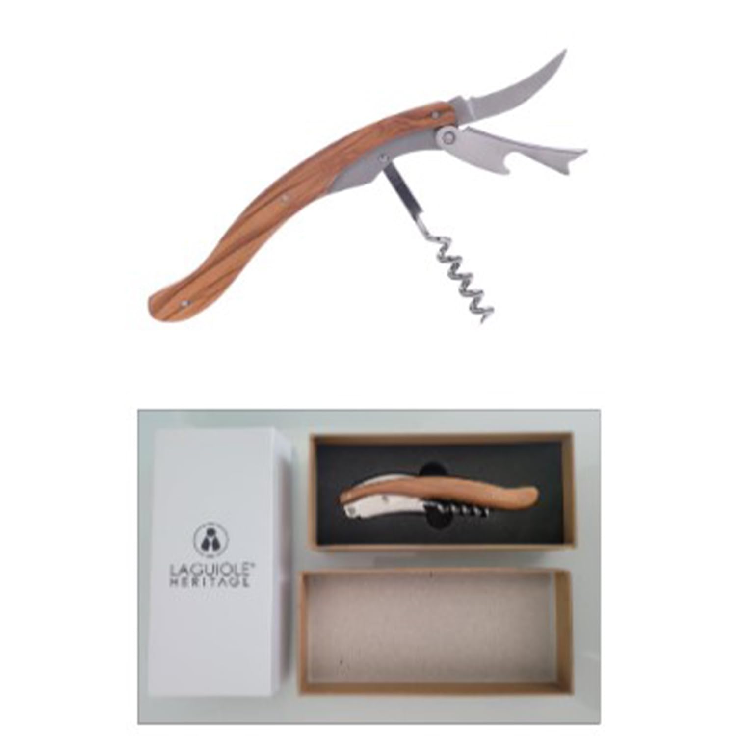 Laguiole Heritage Sommeliermesser 3-in-1 – Kellnermesser mit Korkenzieher, Kapselschneider & Flaschenöffner – Griff aus echtem Olivenholz – Französisches Design, Silber