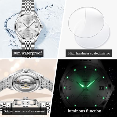 Image of OLEVS Womens Automatic Watch Diamond Luxury Date Ladies Dress Classic Self Winding Wrist Watches