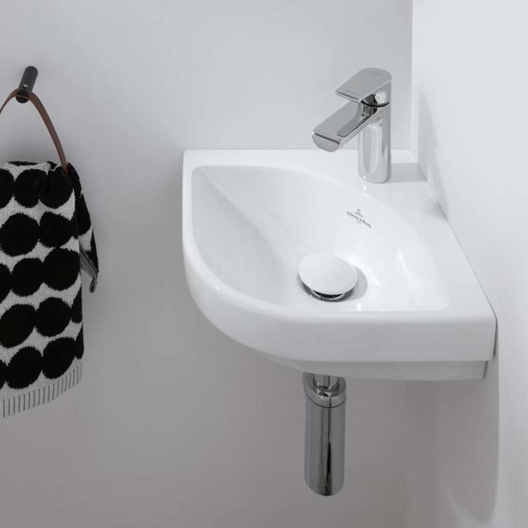 Villeroy & Boch Subway 3.0 lavabo esquinero con enjuague manual, 320 x 320 mm, 1 agujero para grifo, sin rebosadero, sin suelo, 437146, Color: Cerámica Blanca