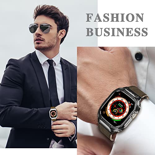 Suplink Metal Case with Leather Watch Strap Compatible Apple Watch Straps 45mm,Stainless Steel Rugged Protector Cover Bumper Genuine Leather Band for iWatch Series 8/7(Coffee/Black,45mm) - Image 4
