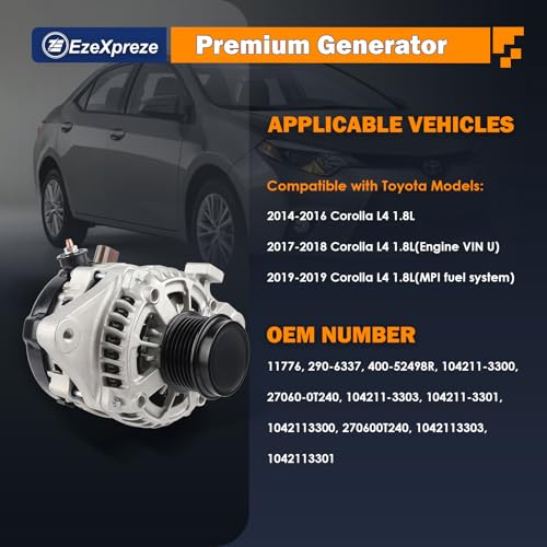 Image of Ezexpreze 11776N Alternator Compatible with Toyota Corolla 2014 2015 2016 2017 2018 2019 L4 1.8L, 125Amp 12V CW 6-Groove Clutch Pulley, Replace# 104211-3300, 27060-0T240