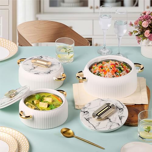 Image of CELLO Castella Insulated Steel Casserole Set of 3 Pcs (1000ml, 1000ml, 1500ml) Gold White | Airtight Lid Hot Pot Case Keeps Food Hot & Warm for Long Hours, Casserole Set for Roti Chapati Rice Biryani