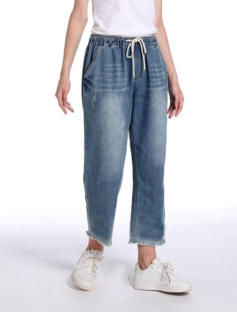 Lavnis Women's Cropped Jeans Cotton Loose Denim Pants Casual Elastic Waist Ripped Jean Joggers - Image 3