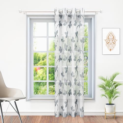 Image of Curtains 7 feet Long Set of 10 | Grey & White Transparent Sheer Curtain | Room Decoration Items for Bedroom | 215 x 118 cm | Leaf Design Door Curtain | | Perfect for Home Decor
