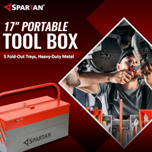 Image of Spartan 17 Inch Portable Metal Tool Box with 5 Fold-Out Trays, Secure Locking System & Easy-Grip Round Handle | Heavy-Duty Rust-Resistant Storage Organizer for DIY, Home Repair, Garage & Jobsite Use